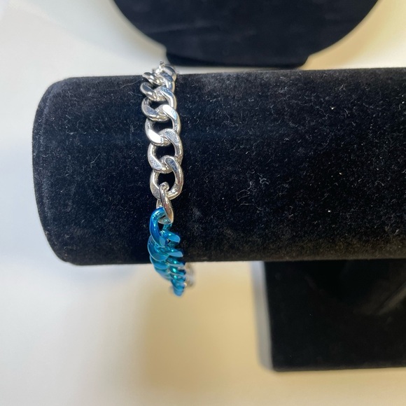 Men’s Silver and Blue Tone Cuban Chain Link Bracelet 8” with 2” Extension - Picture 1 of 6